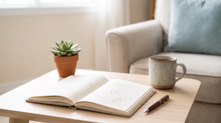An open journal, a mug of tea and a small succulent on a table beside a cozy armchair