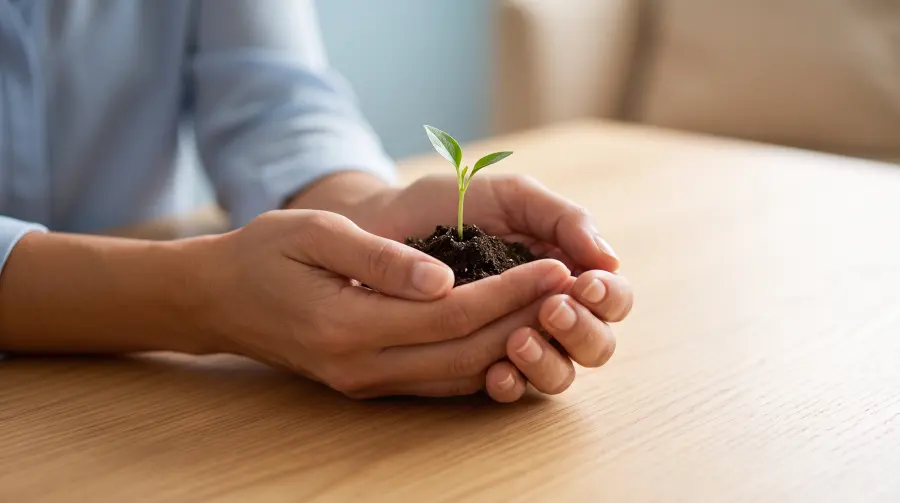 Cupped hands gently holding a small green seedling in soil