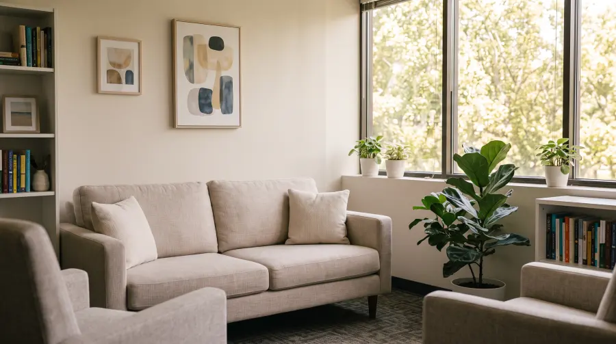 A calm, sunlit therapy room with a linen sofa, armchairs, bookshelves and plants by the window